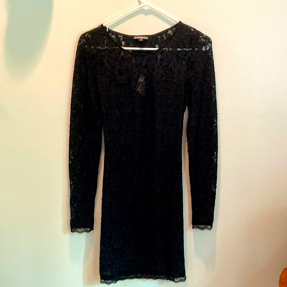 Long sleeve, black lace Express mid-thigh dress.